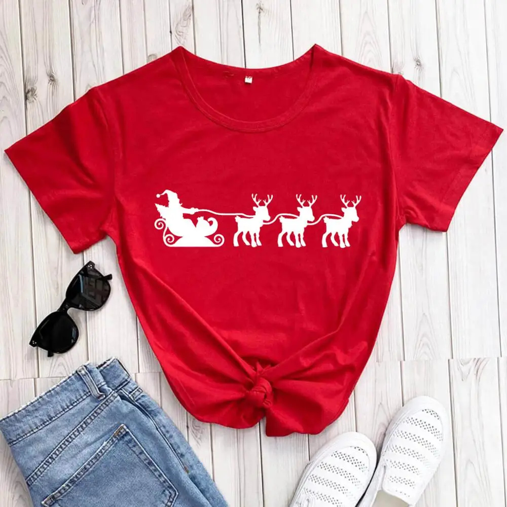 

Santa with deer New Arrival 100%Cotton Funny Christmas Shirt Merry Christmas Gift Tees New Year Holiday Shirt Dropshipping