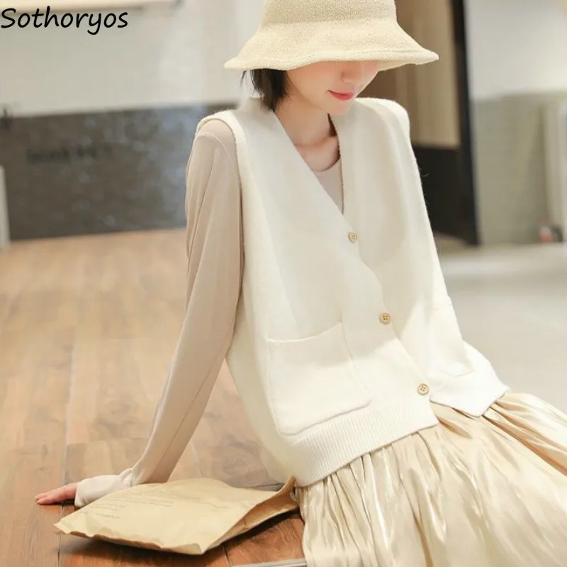 

Sweater Vest Women Pocket Solid Simple Elegant Korean Knitted Open-stitch All-match Preppy Style Loose Fashion V-neck Sleeveless