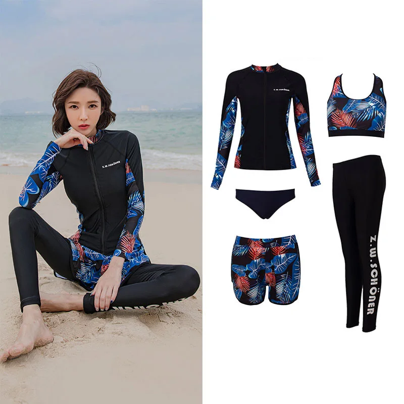 

Women's Five Pieces Long Sleeve ZIP Rash Guard set Full Body Tops Bottoms UV Protection Surfing Swimsuit Swimwear Bathing Suit