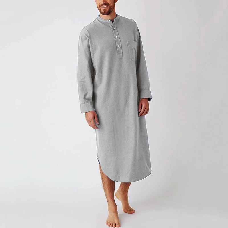 Men\'s Cotton Button-down Sleep Robe Solid Color Stand Neck Long Sleeve Nightgown Fashion Comfortable Home Wear Loose Bathrobe