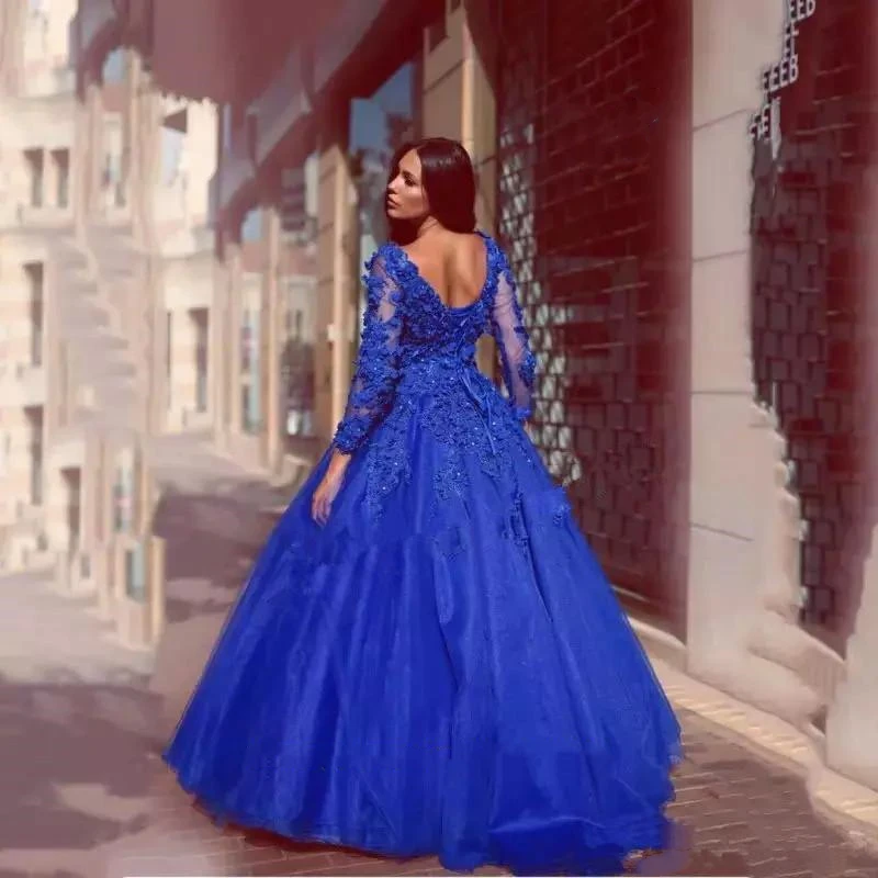 Robe cendrillon en dentelle bleu Royal, col en V, tenue de bal, à manches longues, avec application florale