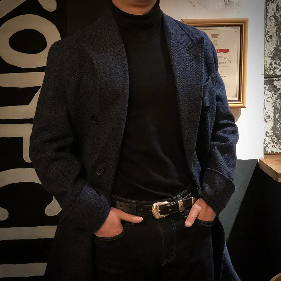 

Autumn and winter men's polo coat British double-breasted mid-length trench coat woolen lapel herringbone tweed jacket