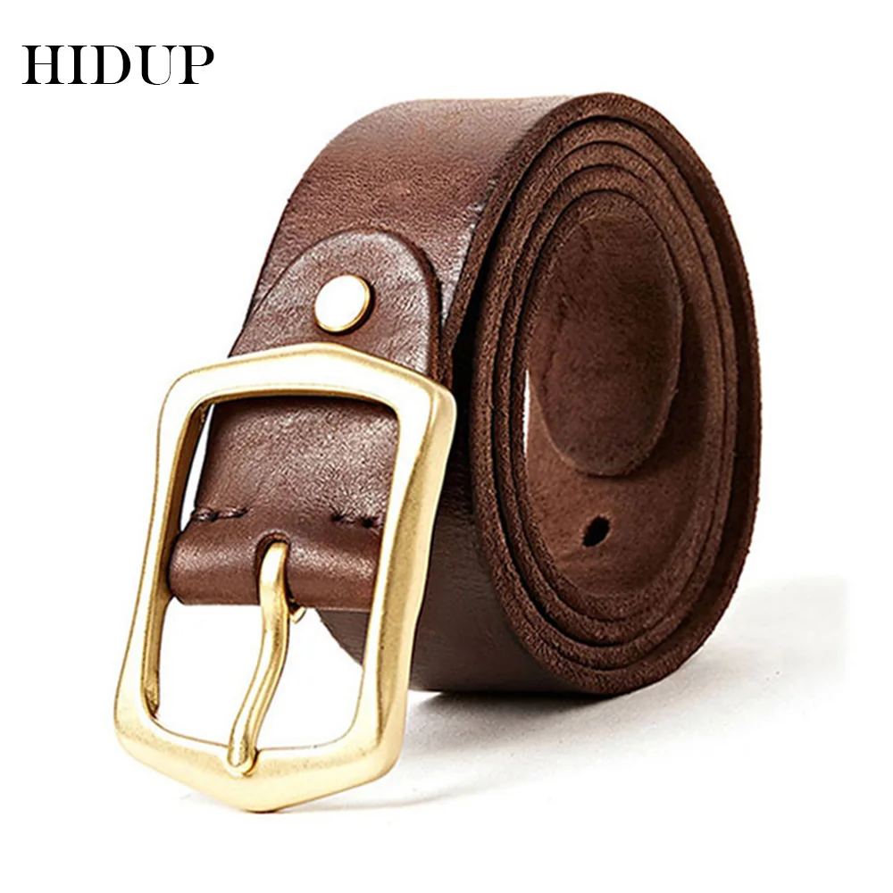 

HIDUP Men's Design Quality Genuine Leather Belt Solid Brass Needle Buckle Metal Cowskin Belts Jean Accessories for Men NWJ324