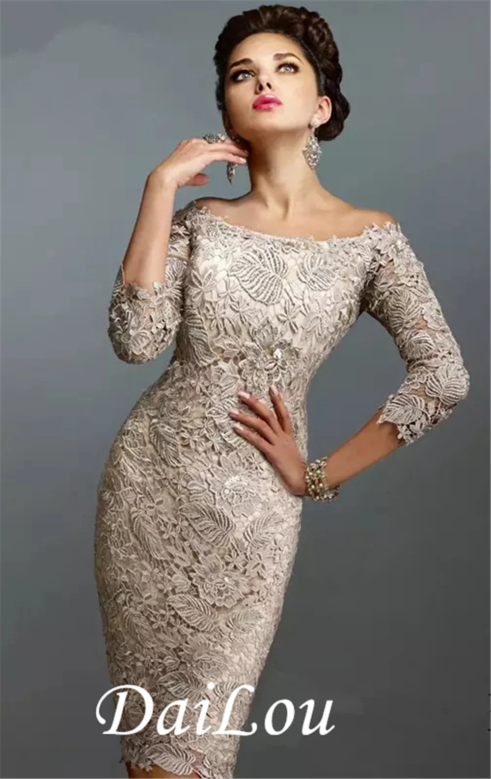 Sheath / Column Elegant Holiday Cocktail Party Dress Off Shoulder 3/4 Length Sleeve Knee Length Lace with Lace 2021