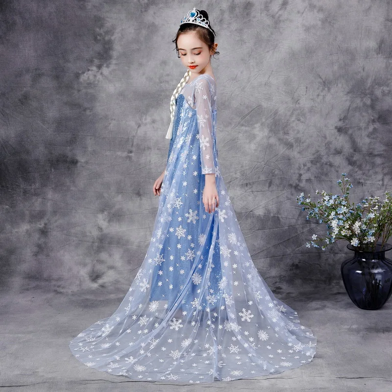 Girls Dress Snow Queen Princess Costume Halloween Birthday Party Frozen 2 Cosplay Costumes Blue Full Sequined Long Dresses