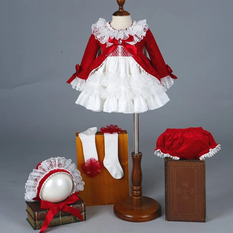 

4PCS Baby Girls Vintage Spanish Princess Dress Spring Autumn Kids Red Velvet Lolita Pompom Ball Birthday Wedding Party Dress y99