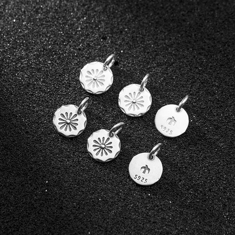 

1pc 100% 925 Sterling Silver Double Sides Engraved Pattern Dangle Charms 11mm Birds Firework Silver Pendant DIY Jewelry Making