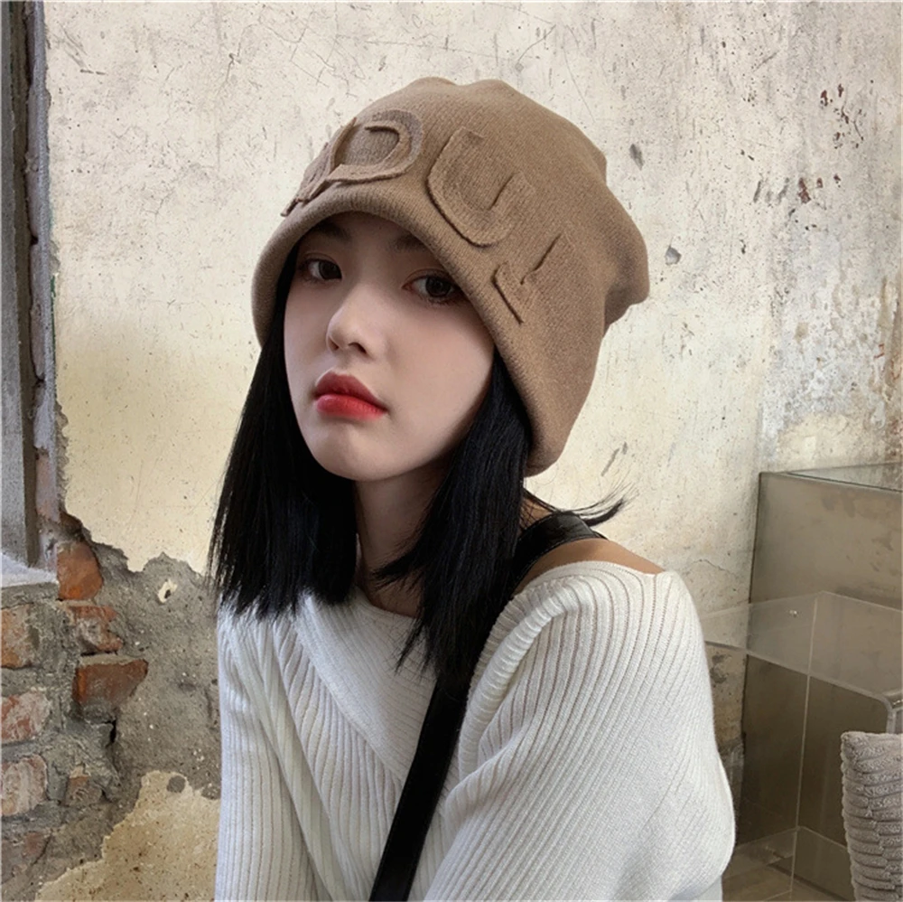 Loose Big Head Knitted Hat Autumn and Winter Japanese-Style Woolen Luck Letter Hat Unisex Dome Ear Cap Clothing Accessories