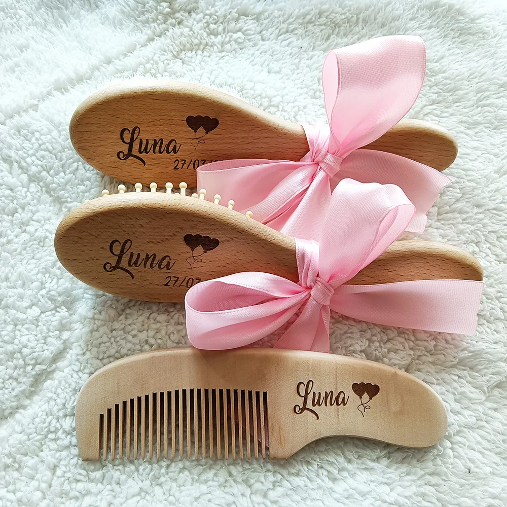 Personalized Baby Care Hair Brush Pure Natural Wool Wood Comb , Engraved Newborn Massager Baby Shower and Registry Gift