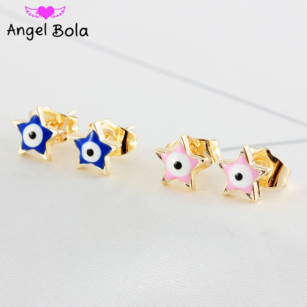 1 Pair of Cute Retro Turkish Lucky Evil Eyes Women Charm Pentagram Stud Earrings Bohemian Metal Mini Luxury Earrings Jewelry