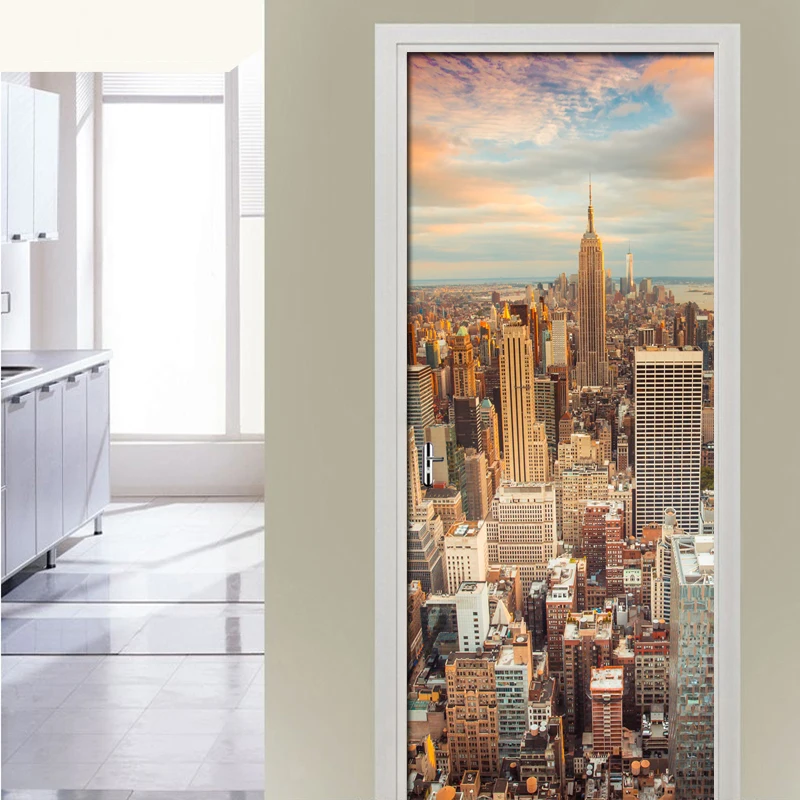 

City Dusk Architectural Landscape 3D PVC Self-adhesive Waterproof Door Sticker Decals Living Room Bedroom Home Decor Wallpaper