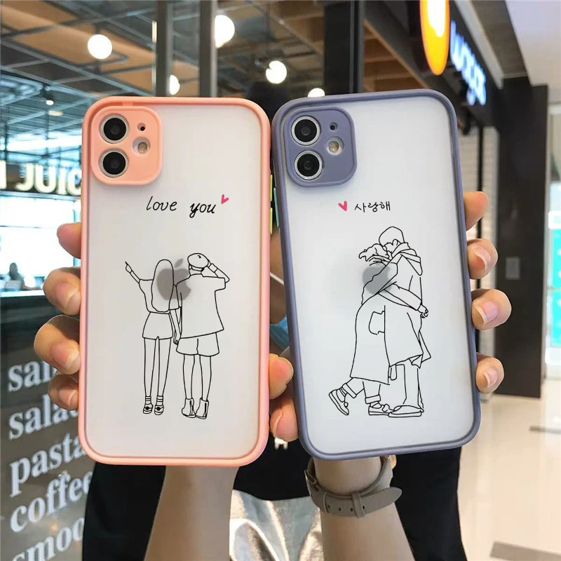 GYKZ Cute Cartoon Boy Girl Couple Phone Case For iPhone 11 12 Pro MAX XS XR X SE20 7 8Plus Funny Art Line Hard Matte Cover Coque