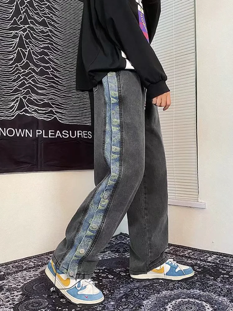 ICCLEK Breasted Jeans Men's Jeans Spring and Autumn Loose Straight Pants Fashion Wide Leg Pants Autumn High Street Jeans