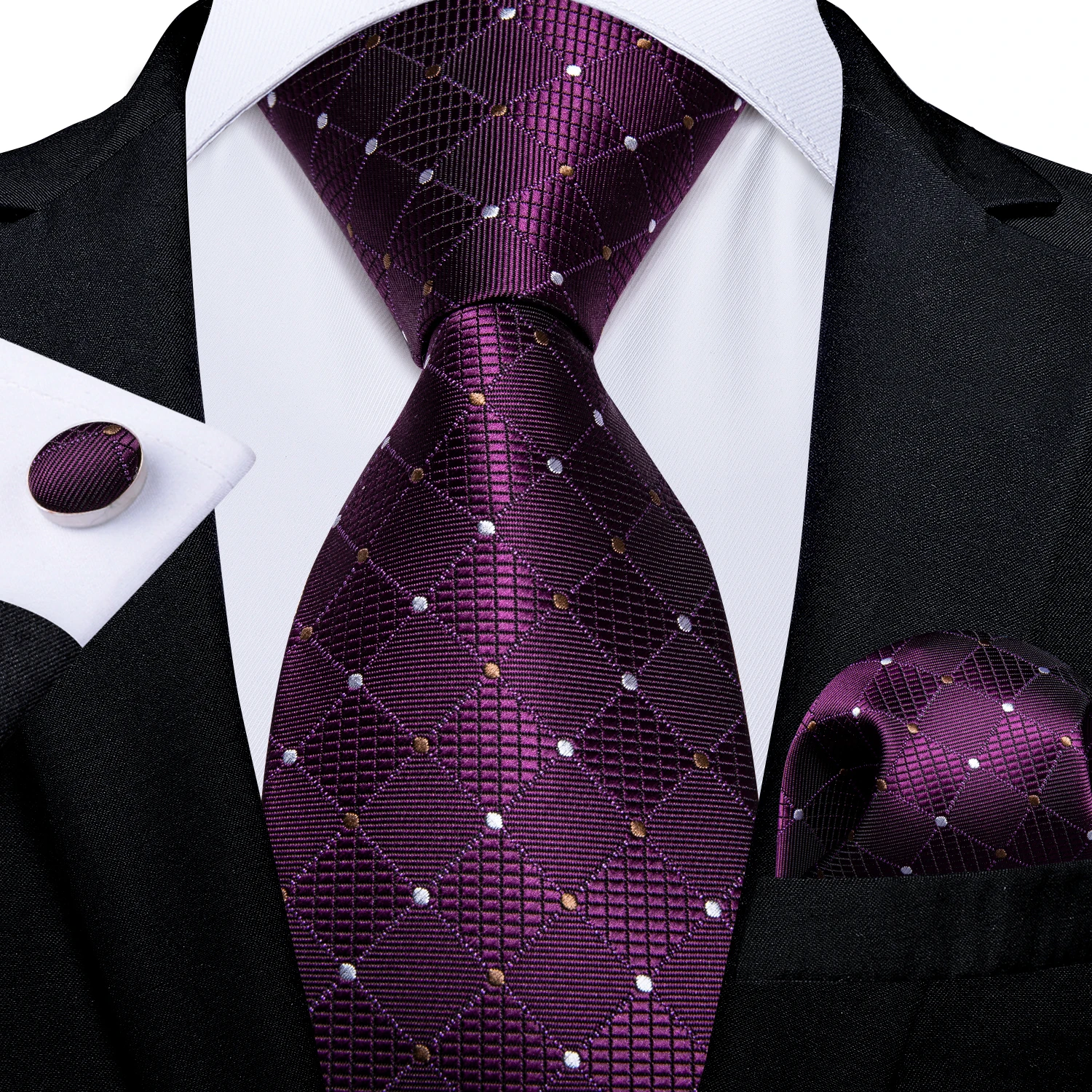 Purple Plaid Dot Men's Ties Pocket Square Cufflinks Business Wedding Accessoires Neck Tie Gift For Men Cravat Silk Tie DiBanGu