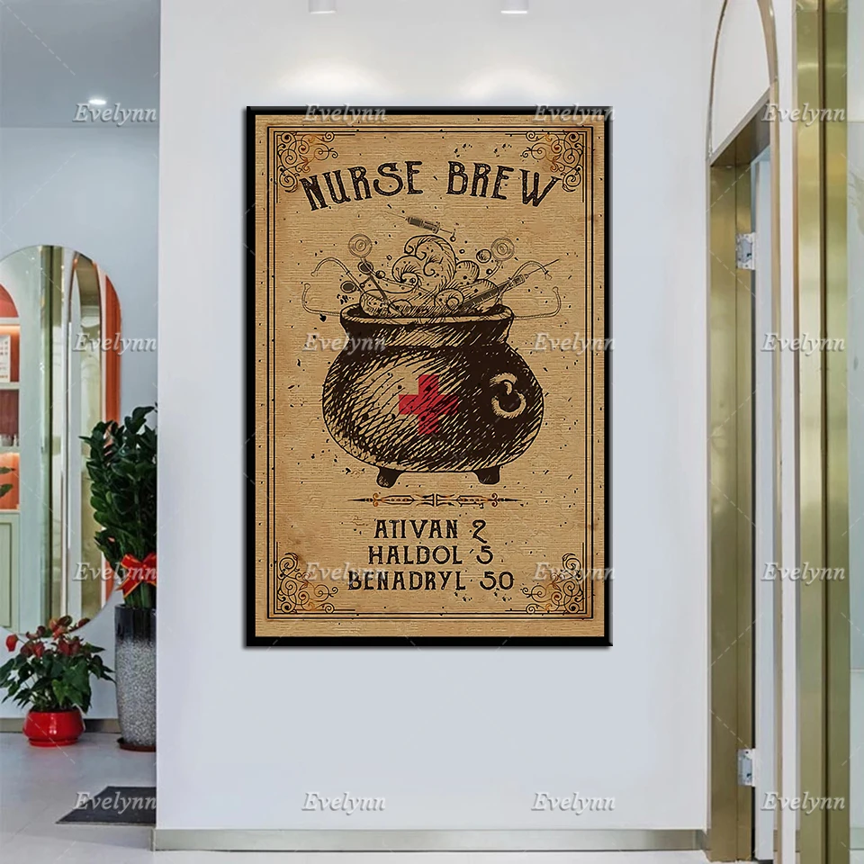 Nurse Brew Vintage Poster, Nurse Witch Poster Prints, Halloween Decor, Home Decor Canvas Painting, Wall Art Canvas Unique Gift