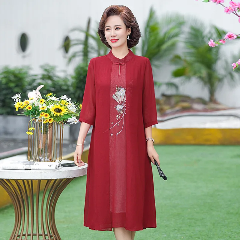 Fake Two-piece Dress Female Summer 2023 Vintage Wedding Party Mother Dress Floral Printing Improved Cheongsam Dress Vestidos