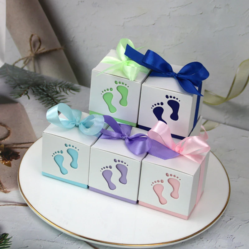 10/50/100pcs Baby Footprints Candy Box Sweet Container Favor And Gifts Boxes With Ribbon Baptism Baby Shower For Birthday Party