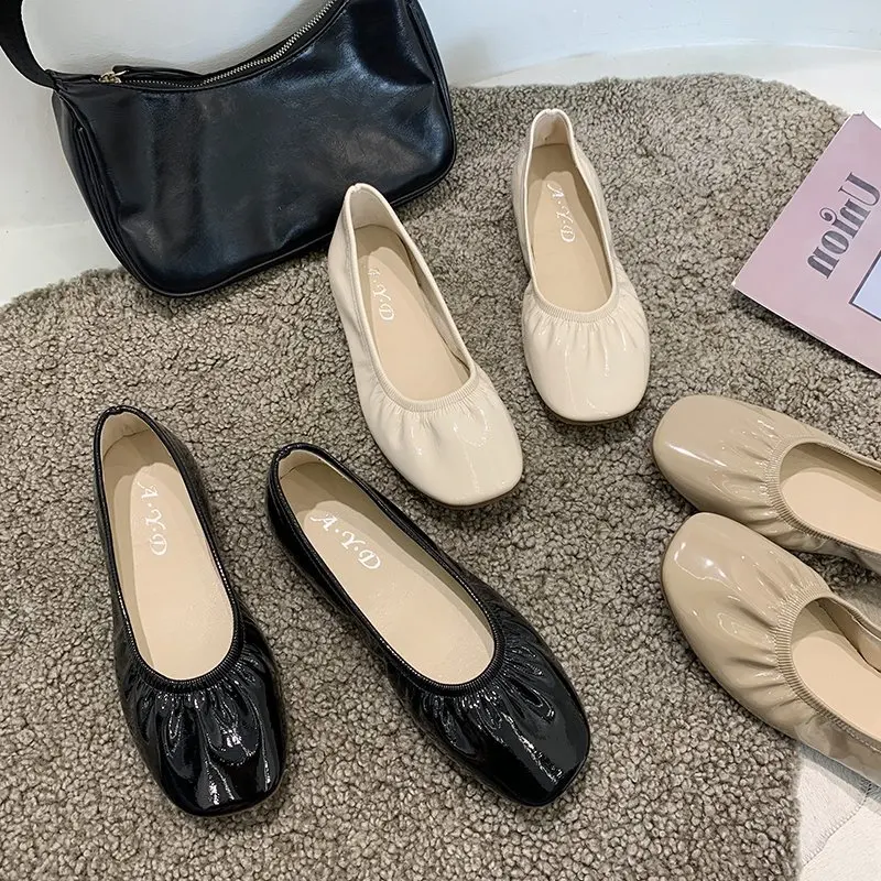 Square Toe Soft Pu Leather Moccasins Women Loafers Foldable Ballet Flats Solid Grandam Shoes Women Comfy Slip on Ballerina 2022