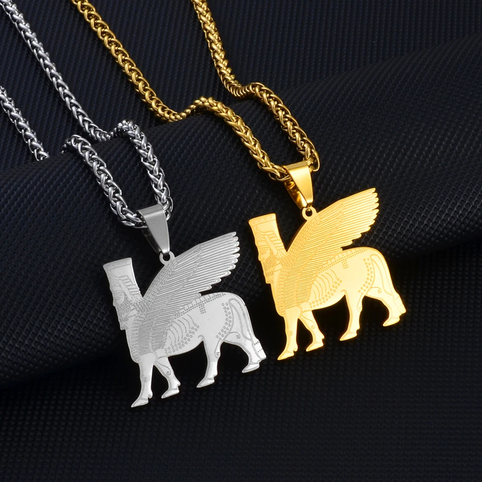 Anniyo Ashur Pendant Necklaces for Women Men Lama,Lamma,Lamassu is an Assyrian Protective Deity Jewelry #238821