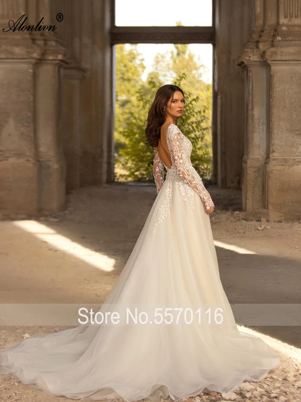 Alonlivn Chic Tulle V-Neck Full Sleeves Front Split A-Line Wedding Dresses Appliques Sweep Train Backless Bridal Gowns