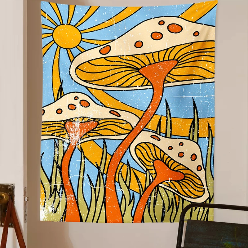 Retro 70s 60s Mushroom Tapestry Wall Hanging Never Stop Growing Tapestries Hippie Home Decor Sun and Moon Witchy Boho Wall Art