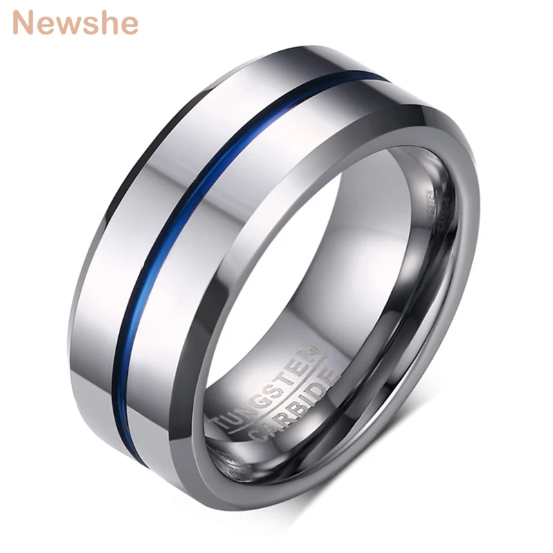 Newshe Men\'s Wedding Band Tungsten Rings Groove Ring Carbide Blue Line 8mm Size 7-13 Fashionable Jewelry Valentines Gift