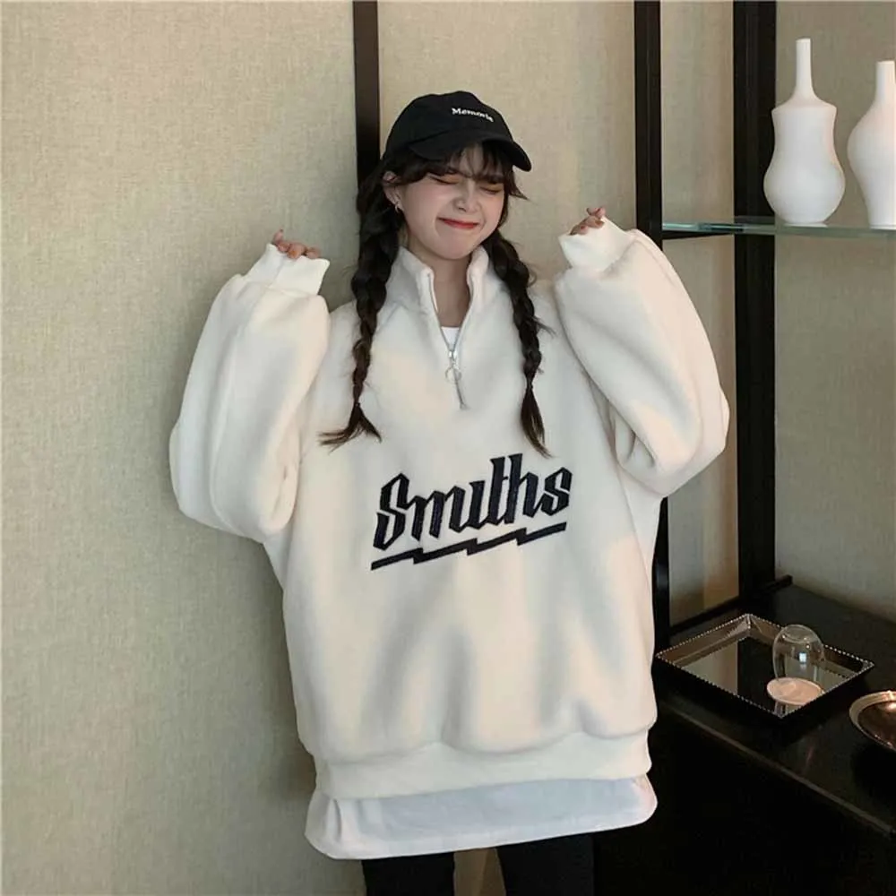 Short High Collar Hoodies Women Thicken Loose Korean Autumn Zipper Coat Embroider California Letters Sweatshirt Femme