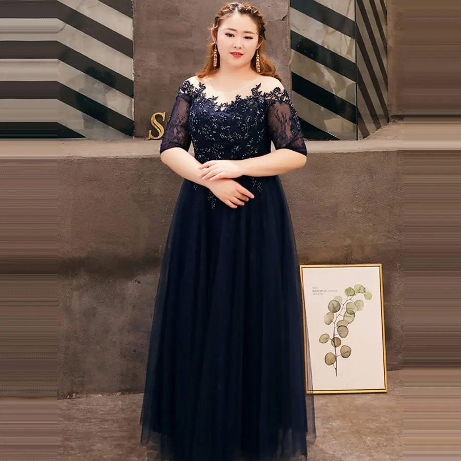 Avondjurken Lange Navy Blue Vintage Robe De Soiree T528 2019 Nieuwe Plus Size Elegante Vrouwen Feestjurken Kant Formele prom Gown