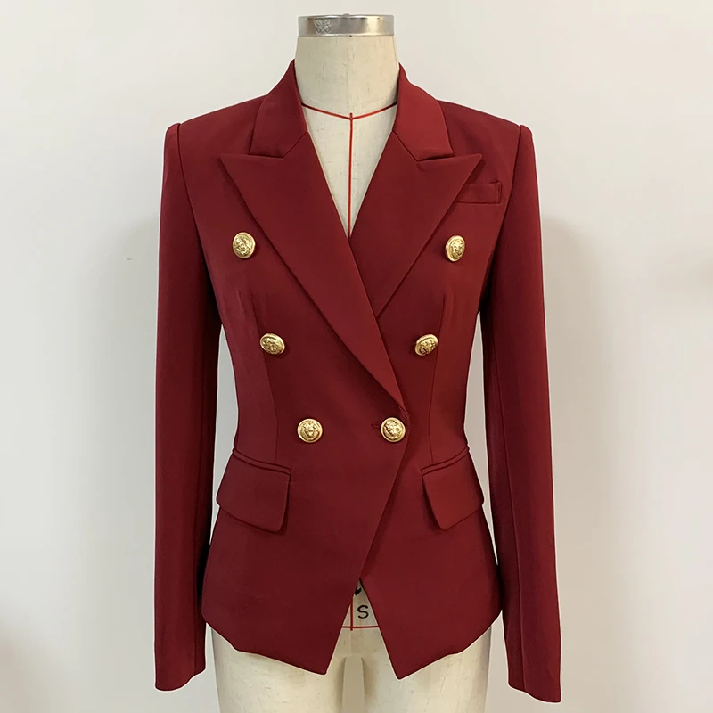 HIGH QUALITY 2023 Newest Designer Blazer Women\'s Classic Lion Buttons Double Breasted Slim Fitting Blazer Jacket Burgundy