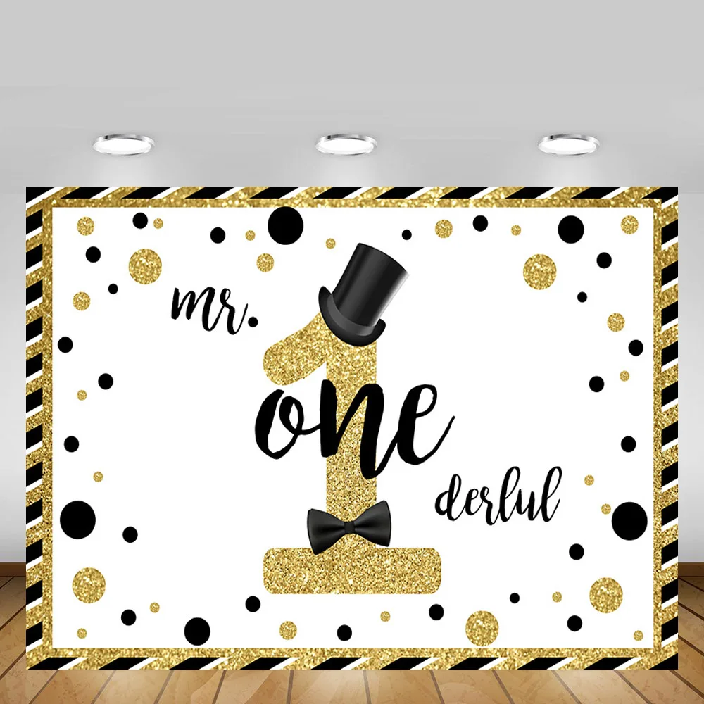 Mehofond 1st Birthday Backdrop Mr. Onederful Black Gold Dots Gentleman Boy Party Photography Background Photo Studio Decor Props