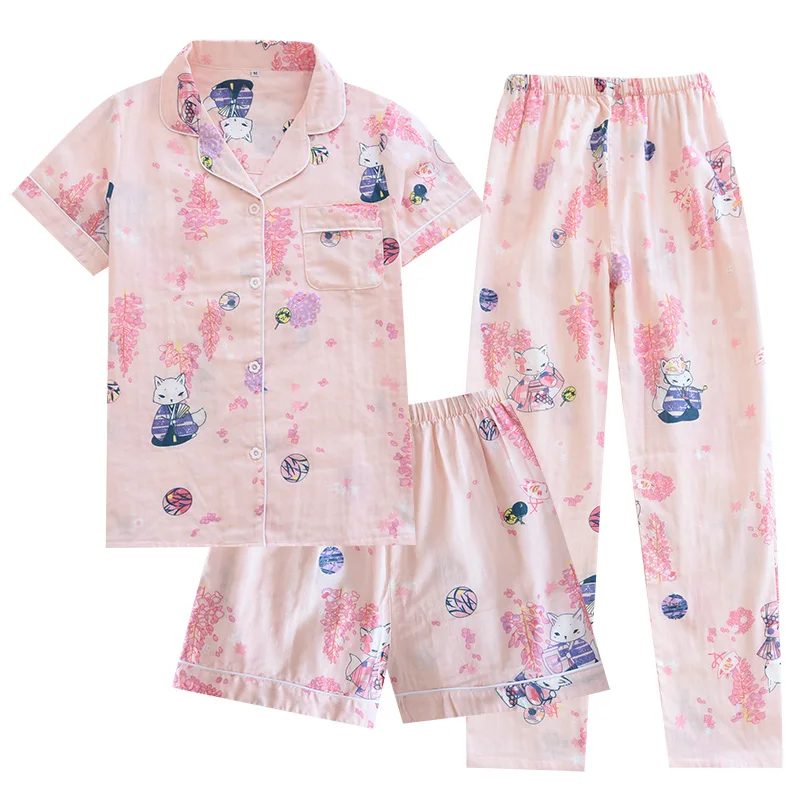 

Women Leisure Loose Comfortable Pajamas Shorts + Pants 3 Piece Set Loungewear Summer Cotton Cute Fox Print Pajama Home Sleepwear