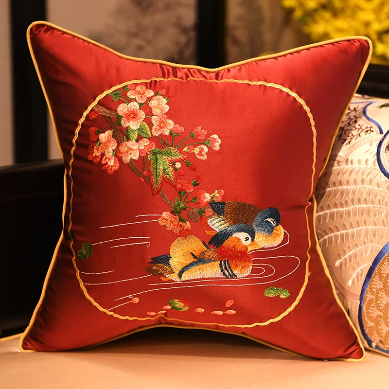 Traditional Chinese Style Mandarin Duck Embroidery Cushion Covers High-grade Luxury Flowers Waist Pillowcases Sofa Pillow Covers