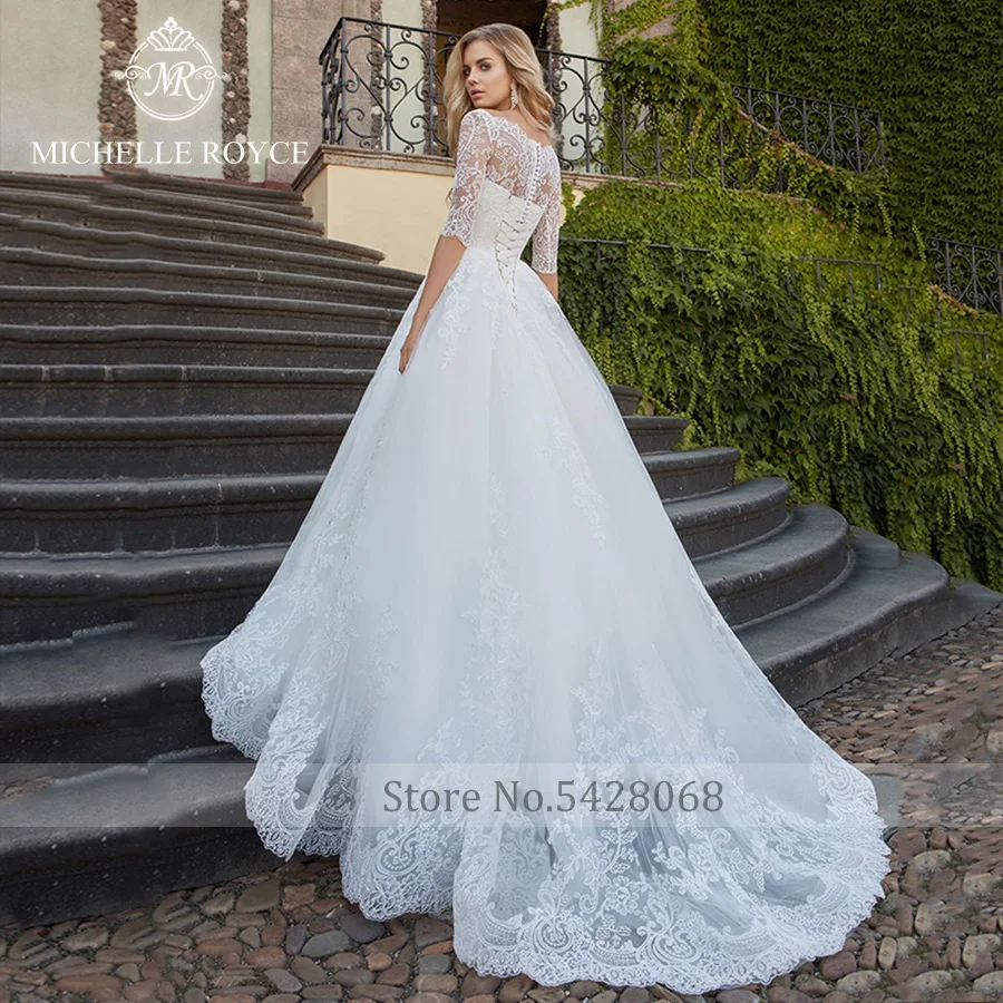 Michelle Royce A-LING Wedding Dresses High Quality Sweetheart Half sleeves Cut Out Beaded Lace up Chapel Train Vestido De Nevia