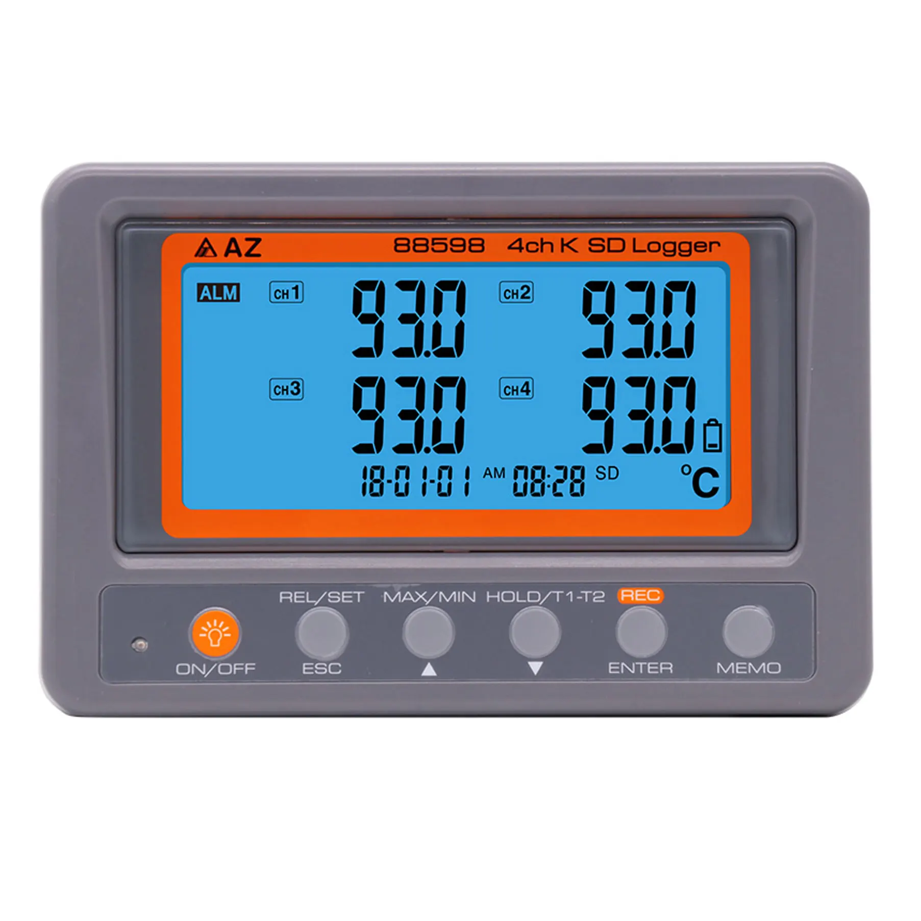 K Termômetro termopar com SD Card Recording Backlight, AZ88598 4 canais K, Registro de dados