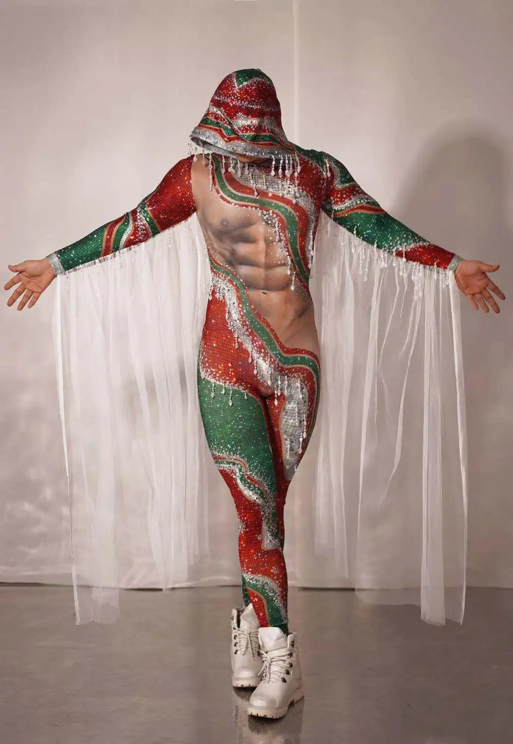 Christmas Party Red Green Tassel Rhinestone Jumpsuit Men Stretch Hooded Stage Bodysuit Nightclub DJ Dancer Performance Costumes
