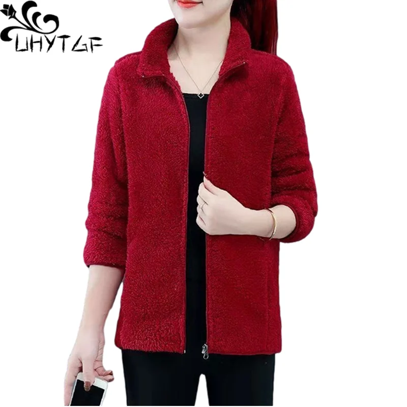 UHYTGF Elegant Mother Big Size Jacket Coral Fleece Casual Warm Autumn Winter Coat Womens Korean Wild Loose Short Outerwear 1264