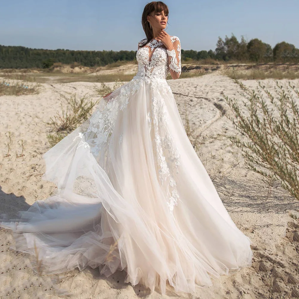 Vestido de Noiva Manga Longa abiti da sposa Vintage 2021 abiti da sposa in pizzo a manica lunga abito da sposa con fiore principessa perle