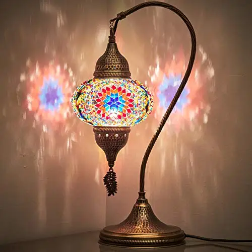 

English Moroccan Tiffany Style Handmade Colorful Mosaic Table Desk Bedside Night Swan Neck Lamp Light Lampshade, Multicolor, 19"