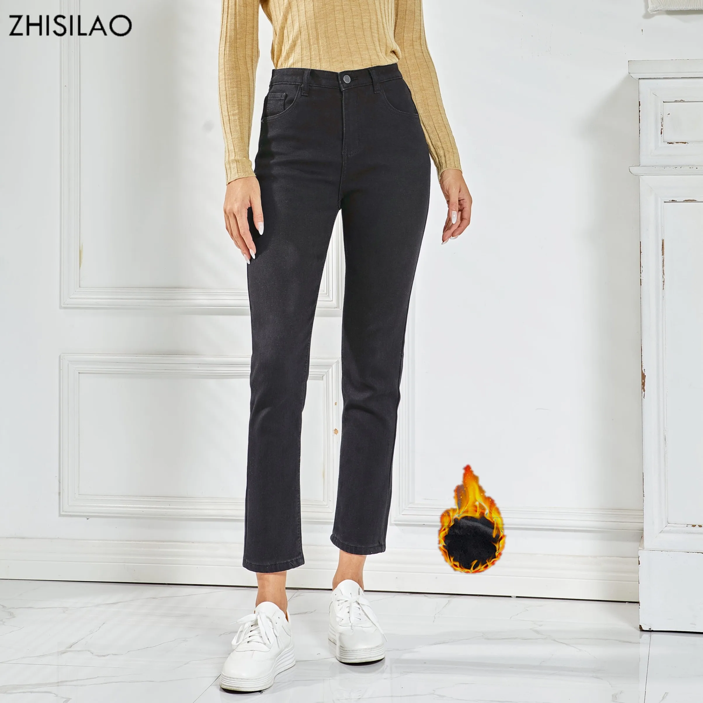 ZHISILAO High Waist Women Jeans Winter Warm Tight Denim Pants Stretch Thicken Fleece Pencil Jeans Trousers for Women Winter 2022