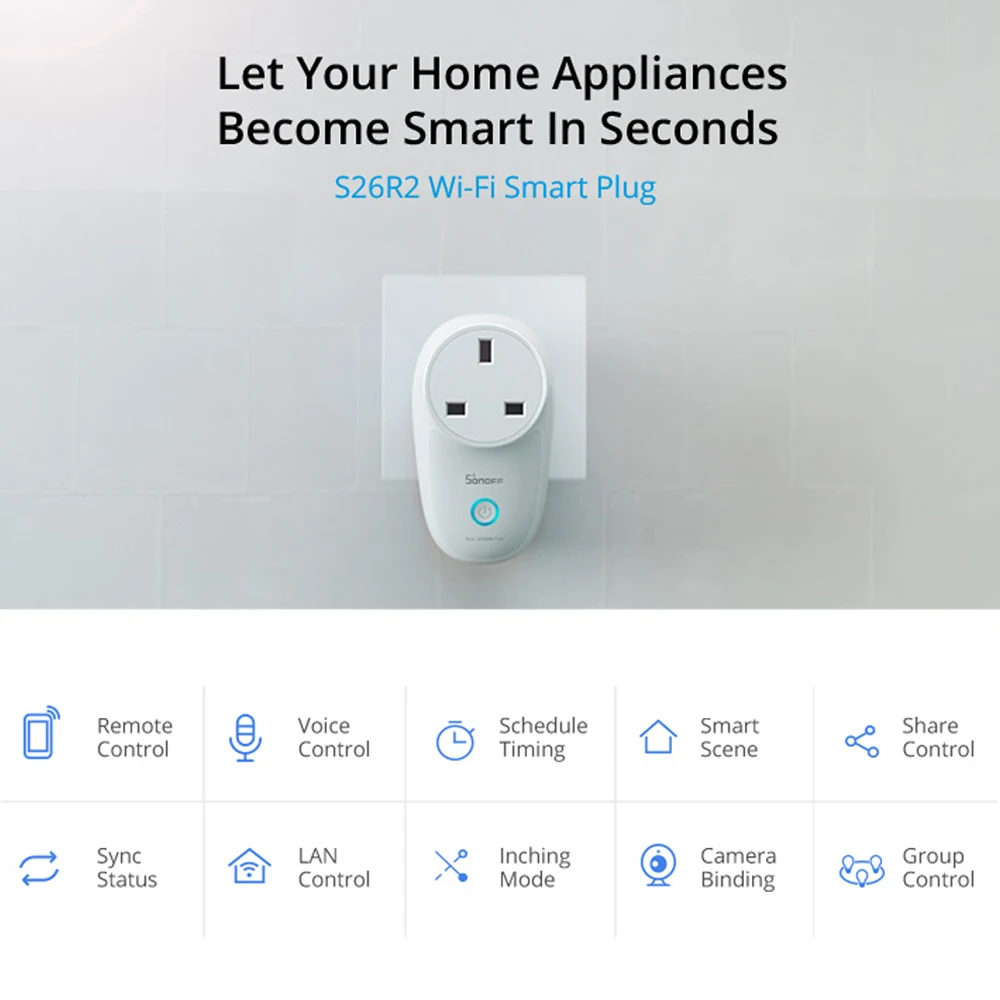 SONOFF S26 R2 WiFi Smart Plug 10-16A Power Socket EU/US/UK/CN/AU/IL/CH/IT/BR Wireless Switch Timing Voice for Smart Home Control