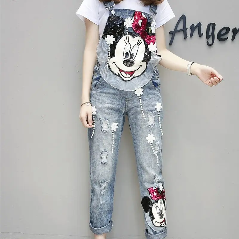 Women Cartoon Sequined Embroidery Wide Leg Loose Ripped Denim Overalls European Jumpsuit Boyfriend Hole Pocket Jeans Romper