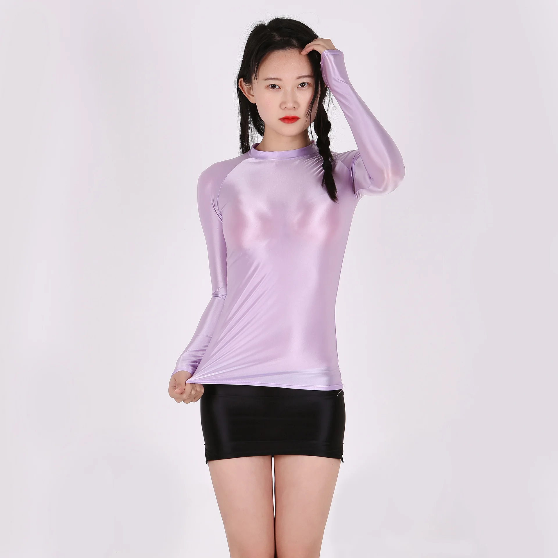 Women's Fashion T-Shirt Breathable Exercise Fitness Glossy Long Sleeves Tops High Neck Elastic Leotards Sports Shirt Yoga Gym