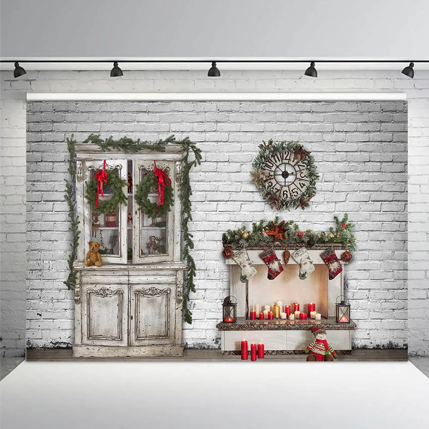 

Christmas Tree Door Backdrop Fireplace Photo Background White Brick Wall Photography Backdrops Santa Claus Sock Photo Studio