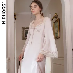 Autumn Thin Court Dress Long-sleeved Silk Sexy Sleepwear V-Neck Vintage Nightgowns Pink Long Sleeping Skirt Satin Slip Dress