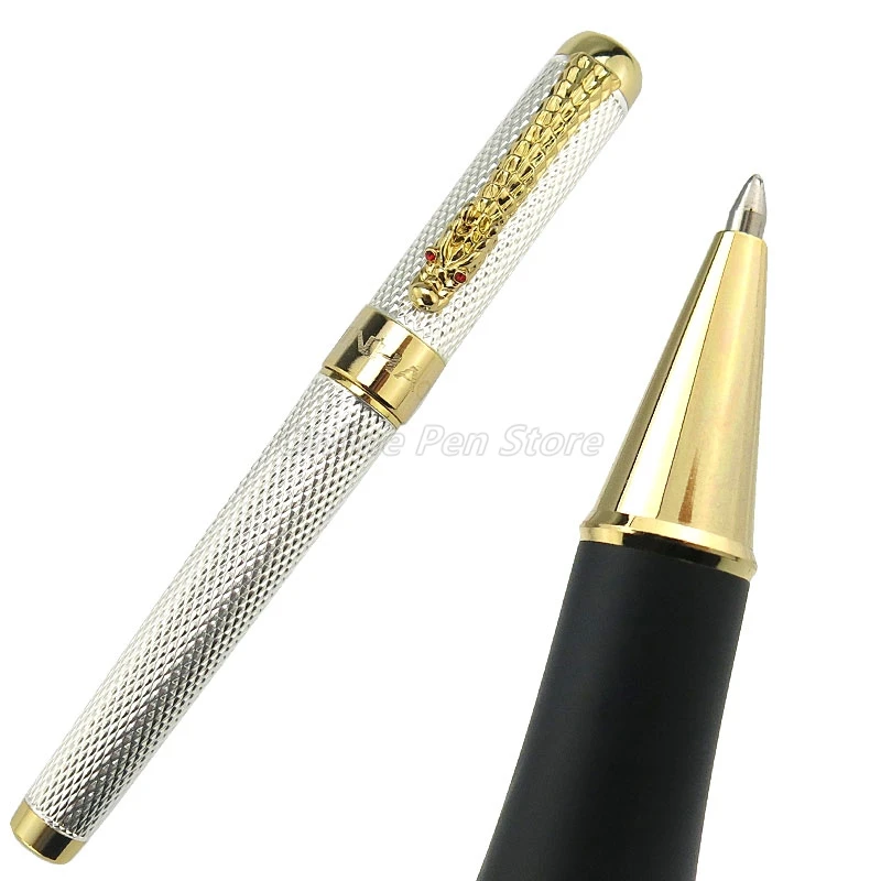 

Jinhao 1200 Metal Silver Mesh Barrel Dragon Clip Roller Ball Pen 0.7mm Gold Trim Professional Office Stationery