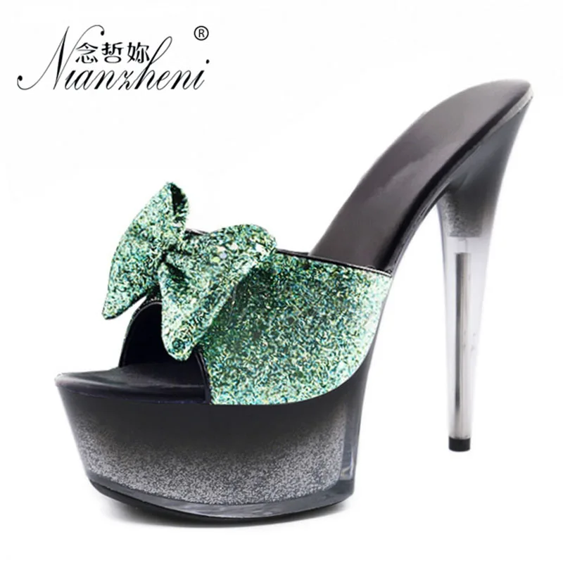 

6 inches Super Stiletto heels Flash powder Bling Butterfly Elegant Sweet 15CM Big Size Style Models Stage Props Women's Slippers