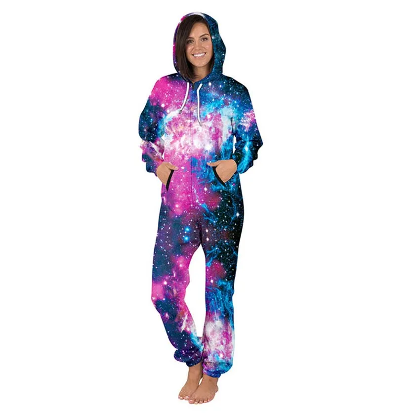 Kobiety piżamy Romper dorosłych 3D z kapturem drukowanie Onesie kombinezon Casual Star Zipper Playsuit jesień ciepłe kombinezony bielizna nocna