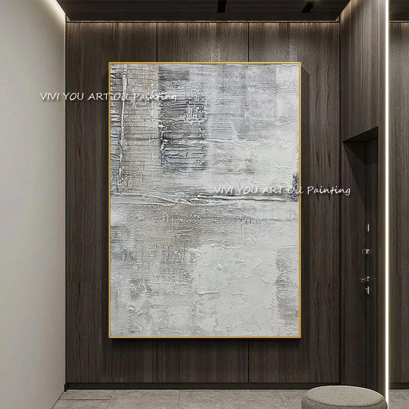 Hand Painted Palette Knife Oil Painting, Neutral Grey White Textured Abstract Canvas Wall Art Wabi-Sabi Home Decor
