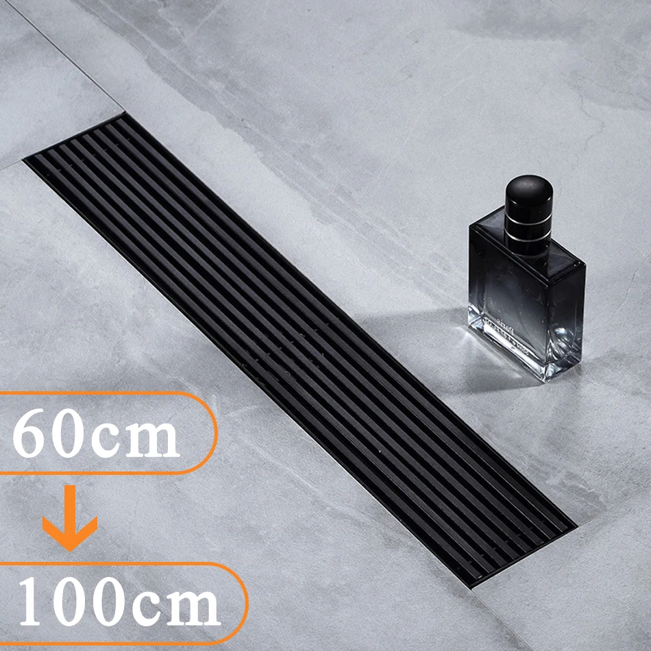 Black Floor Drain 304 Stainless Steel Rectangular Long Linear Drainage Drainer Anti-Odor for Bathroom Kitchen WC Hotel 70 100cm