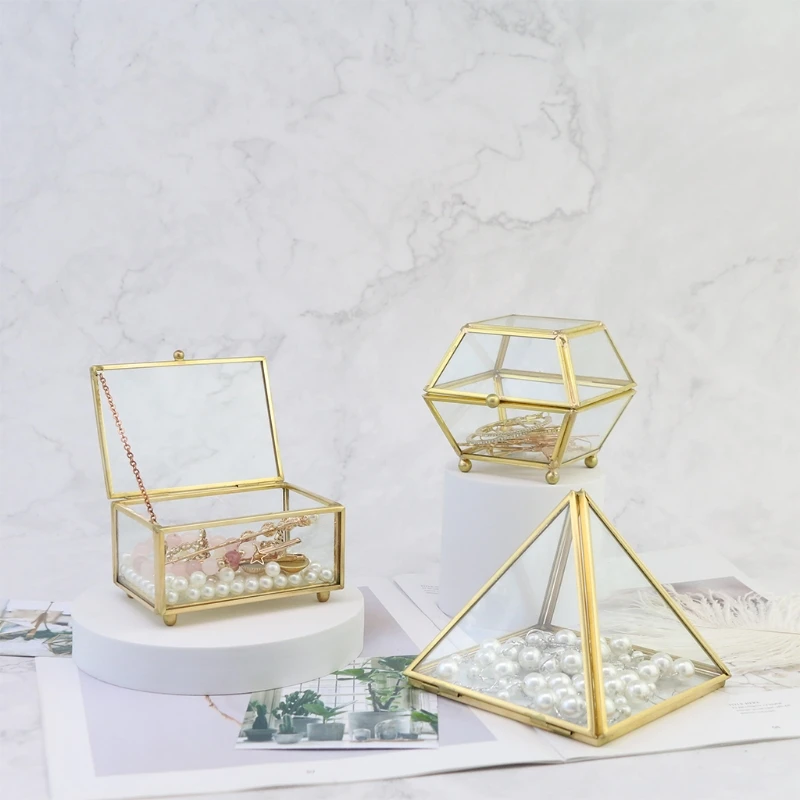 Retro Rectangle Transparent Golden Glass Ring Box Wedding Geometric Jewelry Organizer Home Decorative Box for Storage Trinket